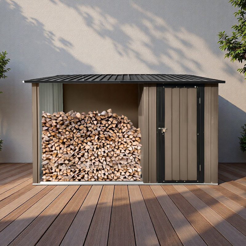 Outdoor Metal Firewood Rack And Storage Shed, Brown And Black,Two-In-One Function