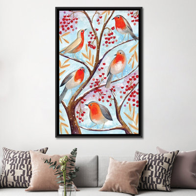 «Winter Birds Robins Christmas Snow», reproduction d'art sur toile tendue