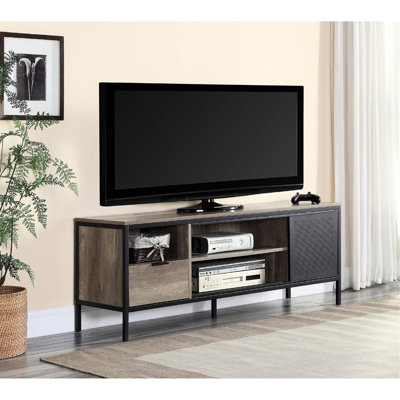 55 - Inch Tv Stand, Rustic Oak, Black Metal Style, One Drawer, Four Storage Compartments, 50 59 And Entertainment Setup Oak Appearance, Structure, 1 4 Flat Screen Tvs