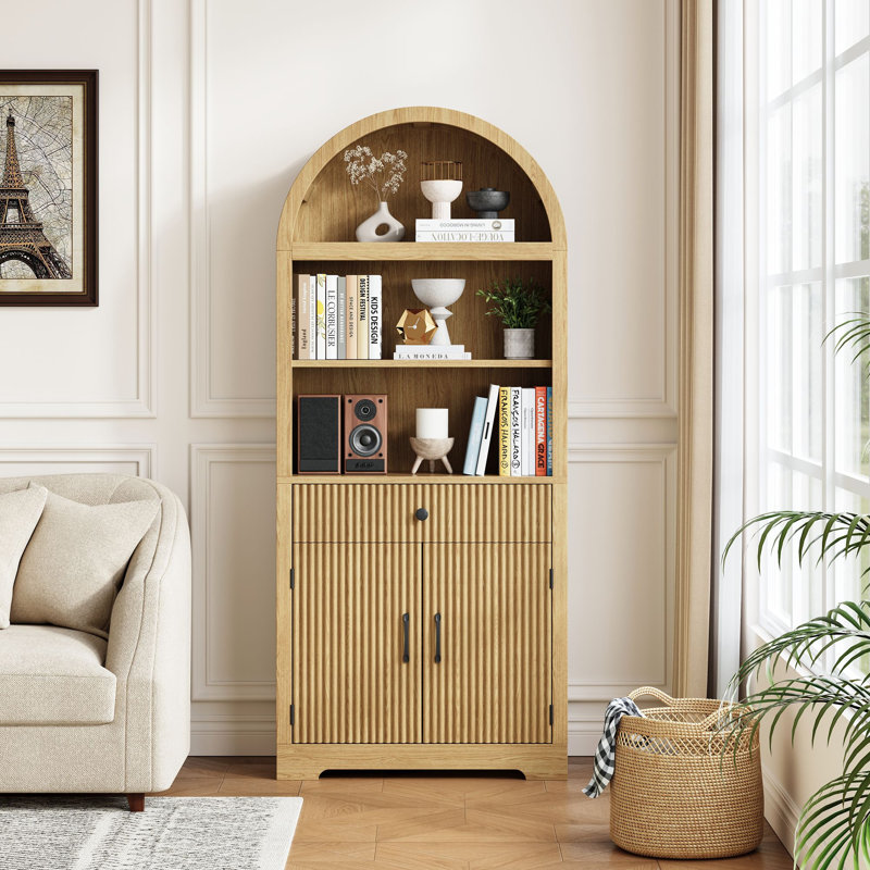 70.86''H Arched Storage Bookcase With Cabinet And Drawer, Natural