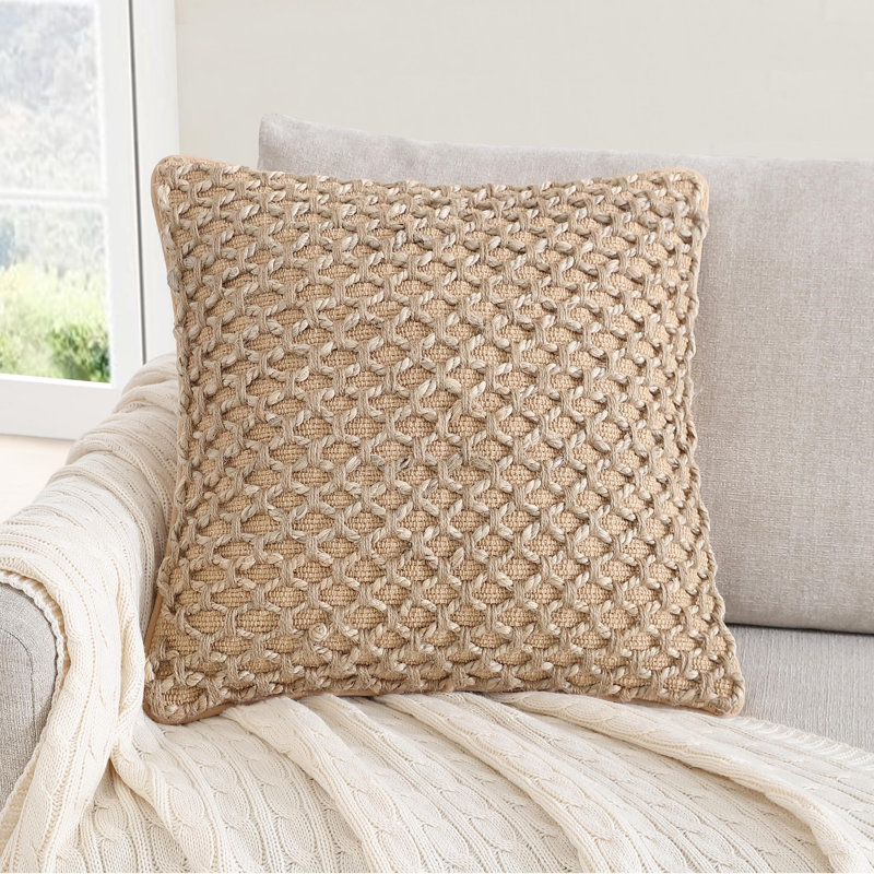 Ablo Textured Cotton Blend Throw Pillow, Square 20", Beige/Natural