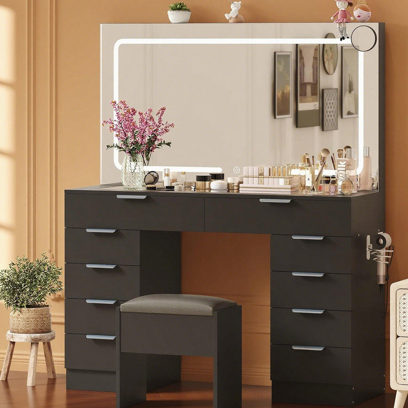 Grand bureau de coiffeuse avec grand miroir et lumières et plateau en verre transparent, ensemble de coiffeuse moderne avec tabouret, 10 tiroirs et bureau de maquillage intégré