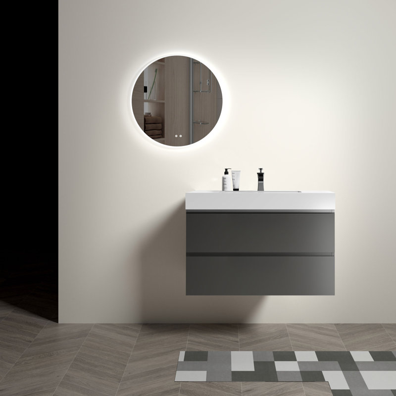 Meuble-lavabo simple mural avec plateau en bois manufacturé 35,99 po Jovanie, Blanc, gris