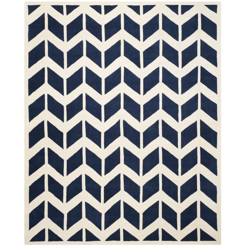 Tapis bleu foncé / ivoire en laine touffeté à la main Sanaz, Rectangle 8 pi x 10 pi