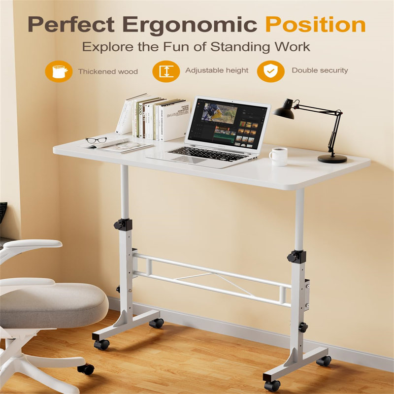 White Adjustable Height Mobile Standing Desk with Wheels
