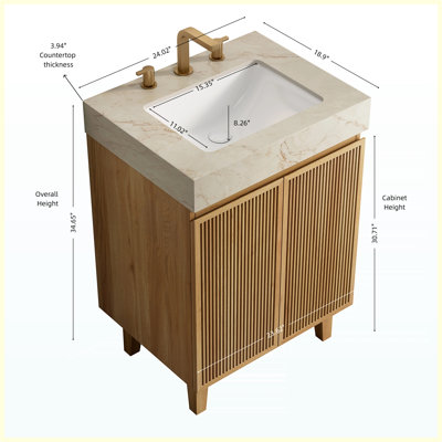 Meuble-lavabo autoportant de 76 cm avec lavabo, comptoir en pierre frittée couleur crème veinée or et lavabo en céramique, armoire en bois naturel, 3 trous prépercés pour robinetterie