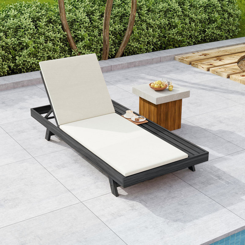 Set of 1  Lounge Chaise With Adjustable Reclining, Acacia Wood In Black, Water-Resistant Cushions For Outdoor Relaxation