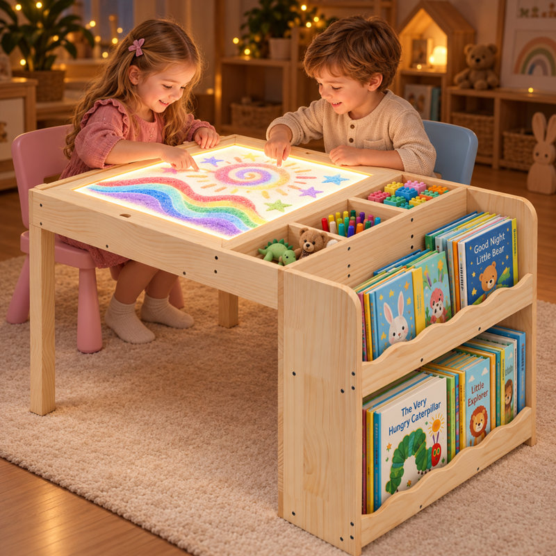 3-in-1 Kids Wooden Activity Table with LED Light Panel, Reversible Building Block Top and Book Storage