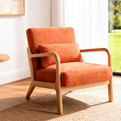 Orange Mid Century Modern Armchair, Rubberwood Frame, Detachable Lumbar Pillow, Ideal For Living Room, Bedroom, Office - Comfortable And Quick To Put Together