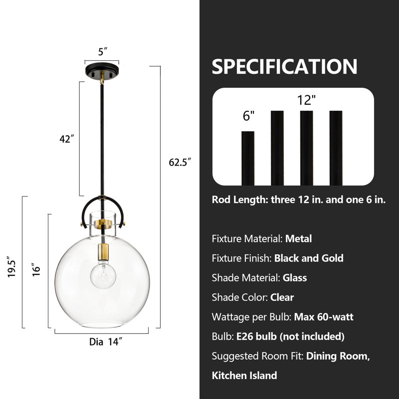 Dawson 1-Light Dimmable Glass Globe Pendant, Matte Black/Gold