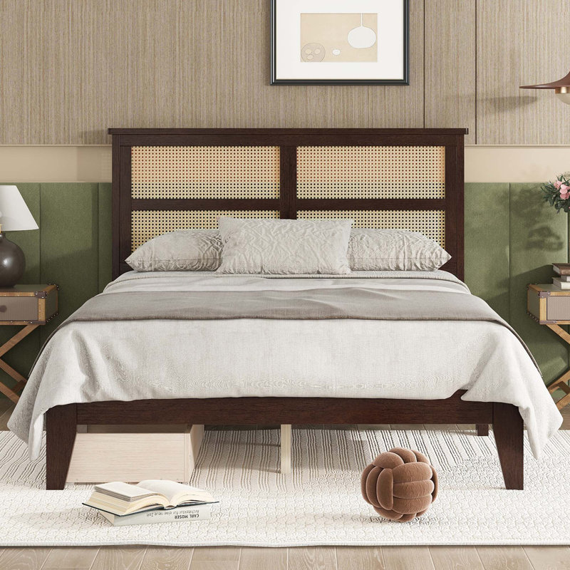 Bed with Rattan Headboard, Two Storage Drawers, Rubber Wood Bed with Enhanced Support Salts and Feet, King, Espresso