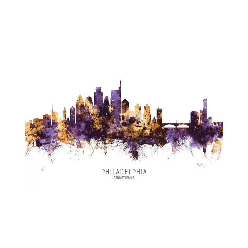 Philadelphia Skyline Purple Gold by Michael Tompsett - 1 Piece Wrapped Canvas Wall Art, 152.5 cm H x 101.5 cm W