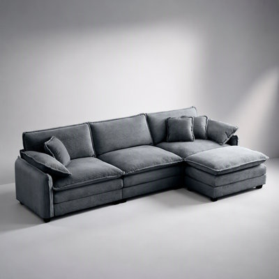 Canapé modulaire en L surdimensionné à 3 places avec repose-pieds, velours côtelé gris, parfait pour les salons modernes et rétro