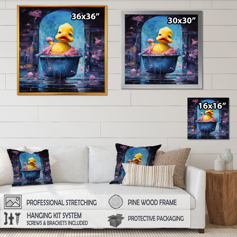 Playful Duck In Bathaign II - Art mural de salle de bain, H 16 po x l 16 po