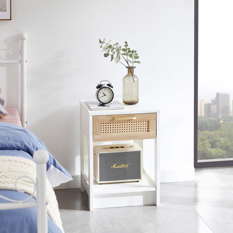 Table de bout en rotin de 15,75 po avec tiroir, table de chevet moderne, table d'appoint pour le salon, la chambre à coucher, blanc