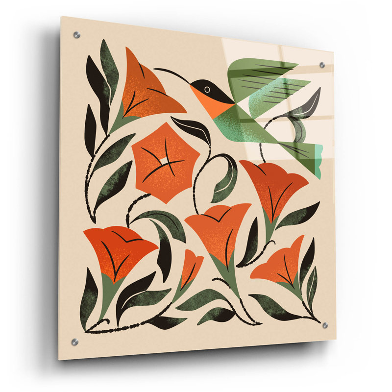 Art mural en verre acrylique épique «Colibri et trompette» par Renea L. Thull, 24 po x 24 po, H 24 po x l 24 po