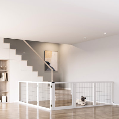 170" Wooden Dog Gate, White. Foldable 6 Pet Barrier. Stable Wood & Steel Build. 2 Support Feet For Balance. Easy Access. For Small And Medium Dogs. Fits Doorway, Stairs, Hallway Barrier With Feet.