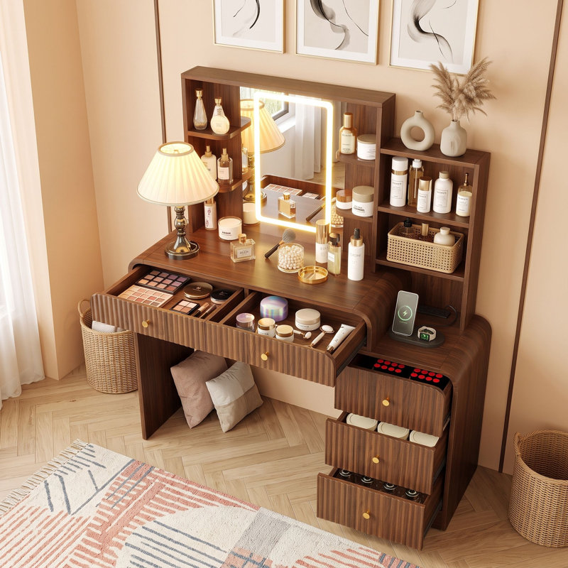 Bureau de maquillage avec 5 tiroirs, tablettes de rangement et station de charge, Espresso