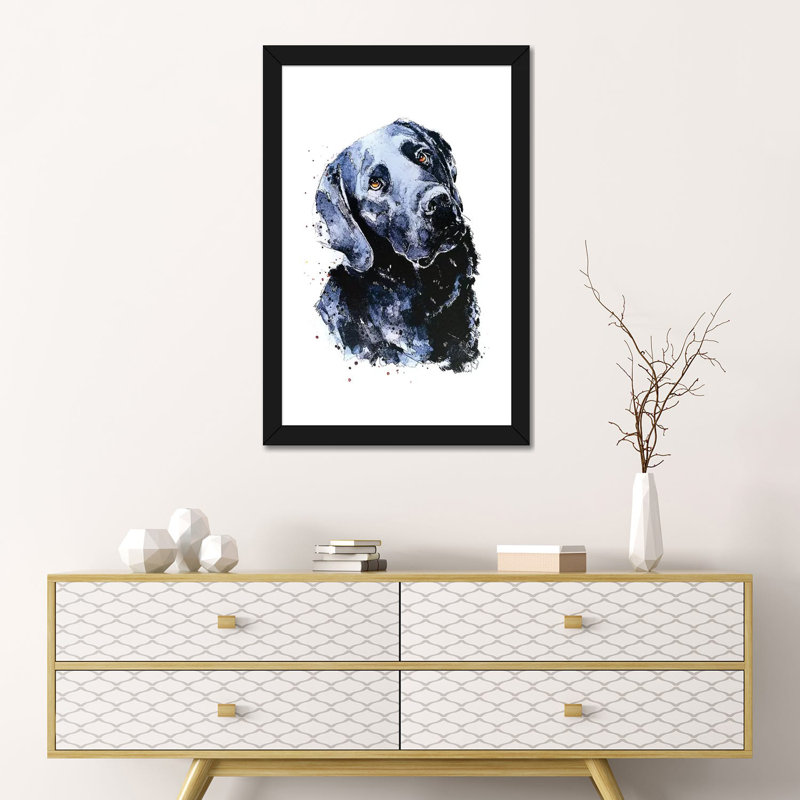Labrador noir patiemment en attente par Edwatercolours-impression, Blanc, H 24 po x l 16 po x P 1 po, Papier encadré noir