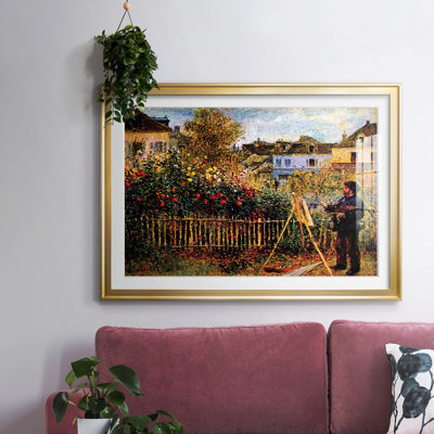 Monet, peinture dans son jardin à Argenteuil - reproduction d'art, avec passe-partout mat et encadré sous verre acrylique