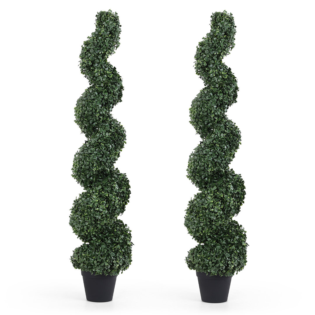 Artificial Boxwood Spiral Topiary ,Black Plastic Potted Tree (Set of 2) Primrue Flower 