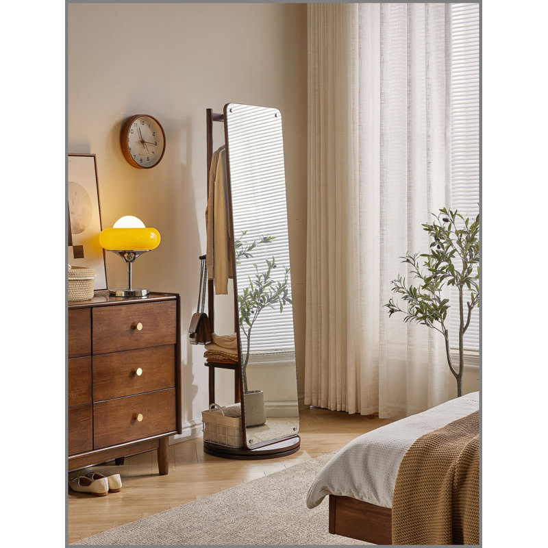 Miroir rotatif pleine grandeur avec portemanteau, miroir de rangement autoportant en bois massif pour le salon de la chambre à coucher