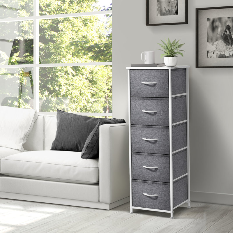 Sorbus Narrow 5 Drawers Nightstand - Steel Frame, Wood Top, Fabric Bins - White, White