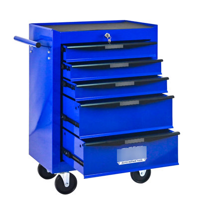 Coffre à outils en métal de 20 po à 5 tiroirs avec glissières à roulement, 4 roues pivotantes et 2 freins, coffre à clés verrouillable pour une protection complète, rangement en acier, rangement optimal universel