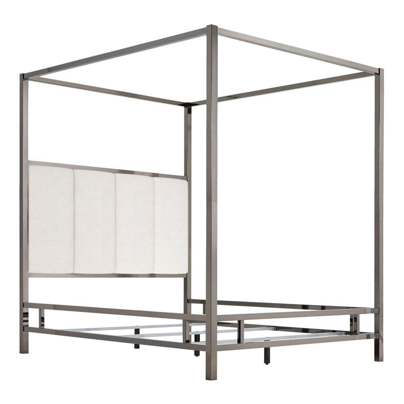 Upholstered Metal Canopy Bed, Black Nickel/White, Queen