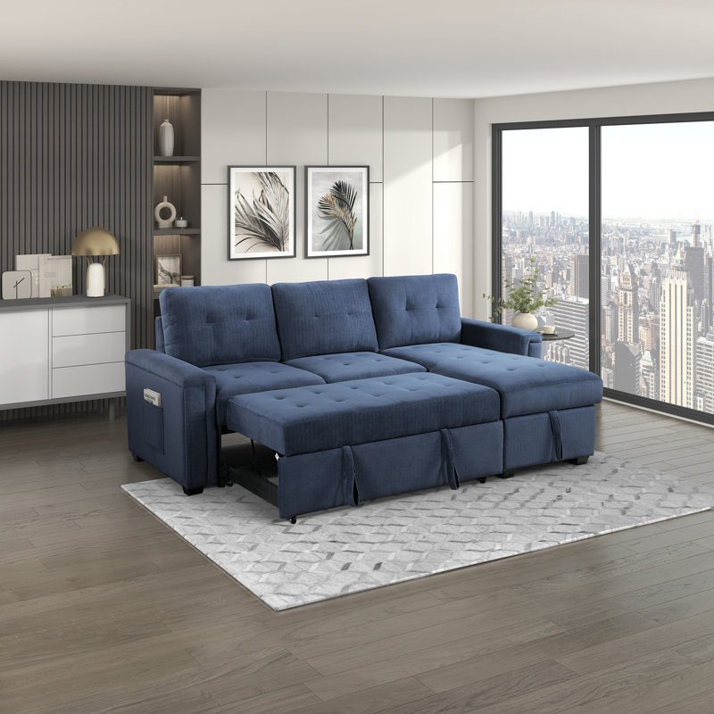 Canapé modulaire réversible moderne et contemporain de 90 po avec lit escamotable, pochettes de rangement cachées et accoudoirs Prabhjeet