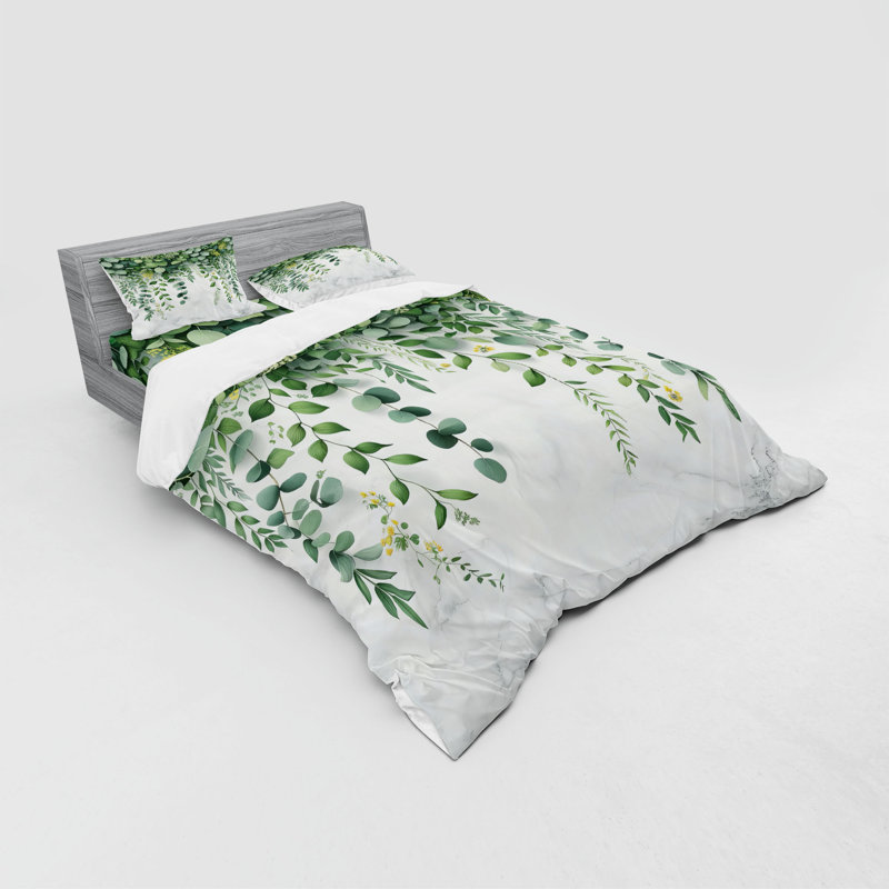 Ensemble de literie à feuilles d'eucalyptus Ambesonne et jaune pastel vert fougère