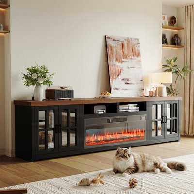 98" Solid Wood Fireplace TV Stand With Smart Wifi Electric Fireplace, Built-In Charging Station And Tempered Glass Doors, Black