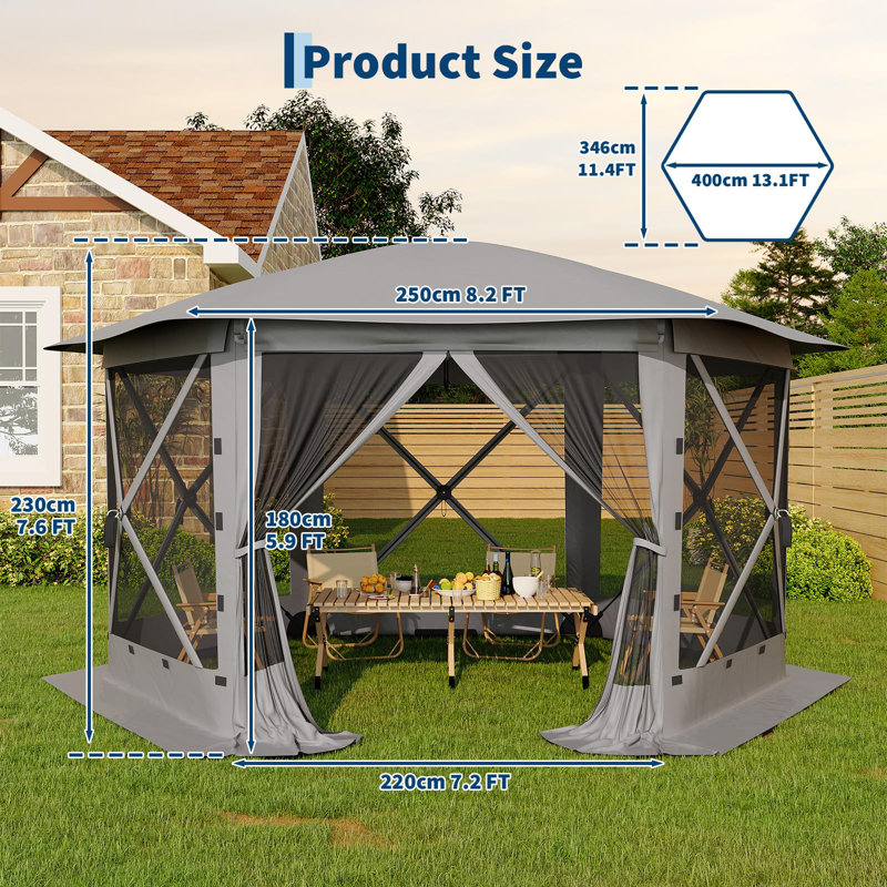 13' x 13' Hexagonal Pop-Up Gazebo Tent with One-Push Setup, Removable Mesh Panels & Wind Cloths, Outdoor Canopy Shelter for Camping, Backyard Parties, and Events
