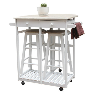 Foldable Semicircle Dining Cart With 2 Round Stools (white) - Solid Wood+pvc Surface, Extendable Tabletop, 2 Drawers, 360° Universal Wheels & Wooden Handle