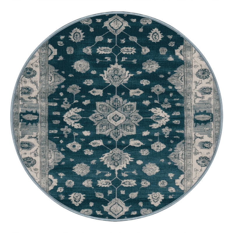 Machine Washable Overdyed Blue Area Rug, Round 4'