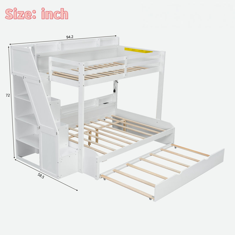 Lit superposé avec escalier de rangement, lit gigogne, tablettes de rangement, DEL et USB, Blanc / Blanc