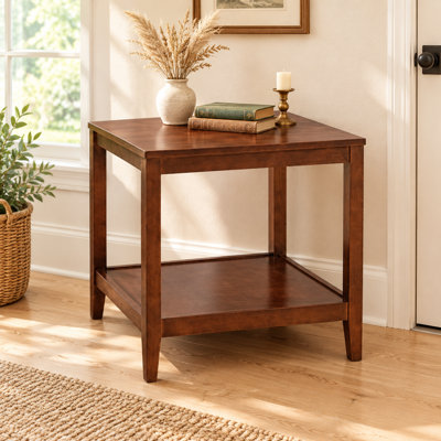 Table de bout en bois massif, table d'appoint carrée à 2 niveaux avec tablette de rangement, petite table basse