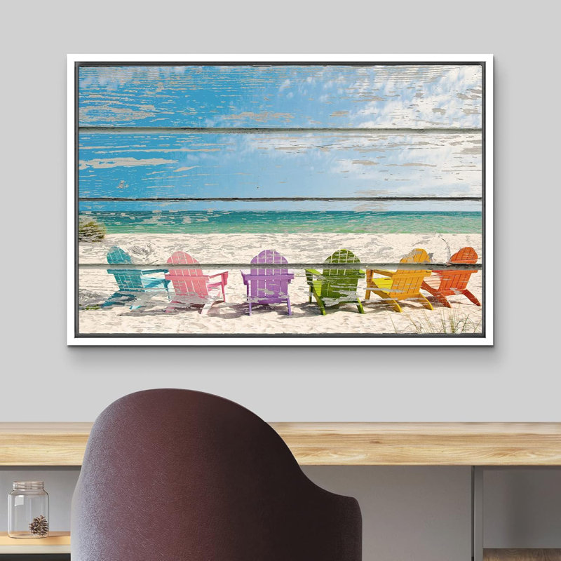 Coastal Beach " Colourful Beach Chairs On The Soft Sand Beach ", 24" H x 36" W x 2"D, White Floater Framed