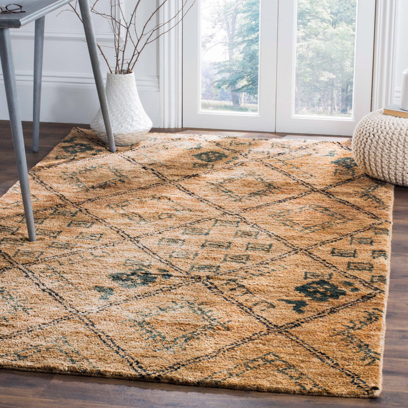 Suleman Hand Knotted Jute/Cotton Geometric Rug in Natural, Rectangle 5' x 8'