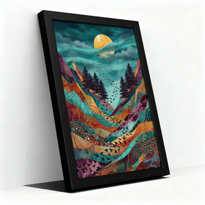 Toile orange orange sur des pins et des oiseaux qui volent