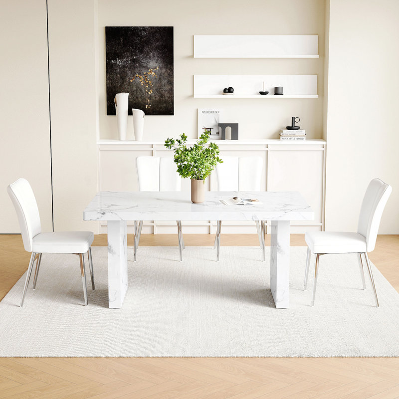 Table de salle à manger 63 po x 35,4 po avec autocollant en marbre blanc - 4 chaises en polyuréthane doux et élégant