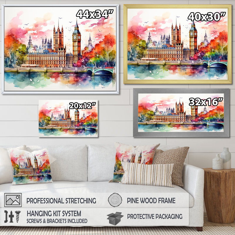 Big Ben London Skylines At Sunset II - City London Wall Ar, Cadre flottant doré, H 24 po x l 32 po x P 1 po