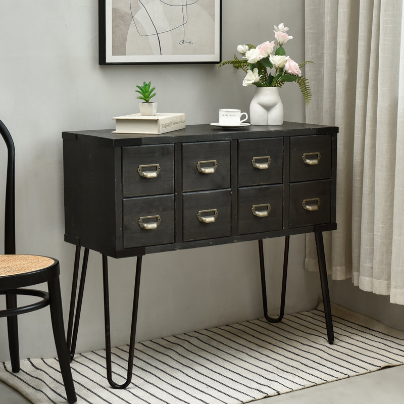 Ellefson 32" H x 36" W Antique Style Storage Console Table with 8 Drawers, Antique Black, Antique Black