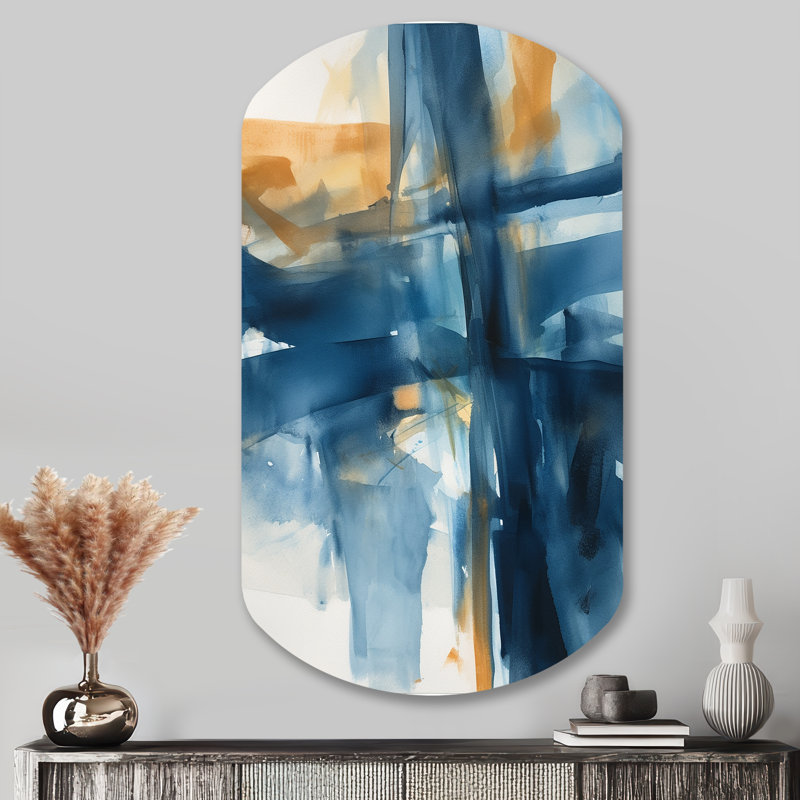 Blue and Gold Fusion VIII - Fractals Cylinder Metal Print Wall Art, Blue Asymmetrical Metal Wall Decor, 43" H x 23" W x 1" D