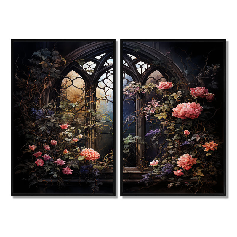 «Floral Window», art mural 2 pièces, Noir, H 36 po x l 48 po, Impression encadrée flottante