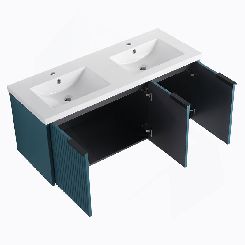Meuble-lavabo mural avec lavabo double en résine et portes à fermeture douce, idéal pour le rangement spacieux de la salle de bain et la décoration moderne