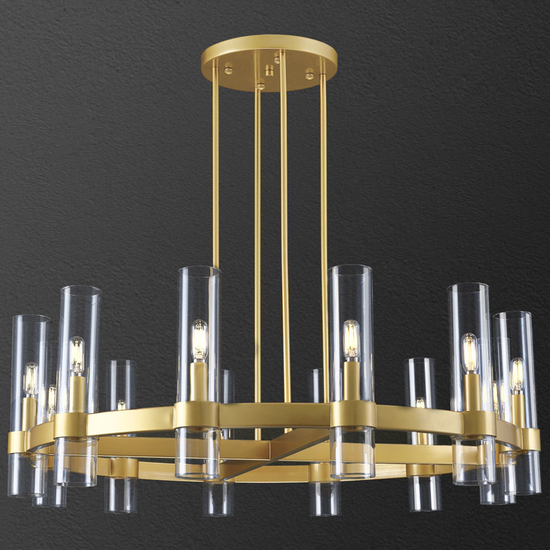 Lustre 12 roues 12 lumières moderne à roue variable avec verre cylindrique à intensité variable, Laiton