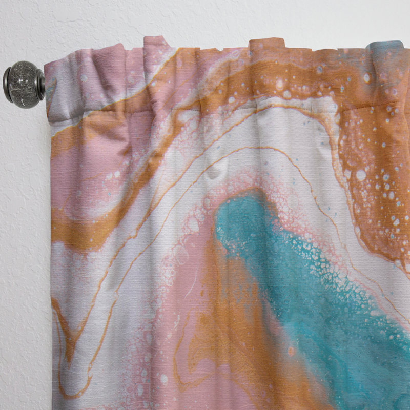 Panneau de rideau simple semi-transparent à motif abstrait turquoise et rose Marble Waves II, L 52 po x L 63 po