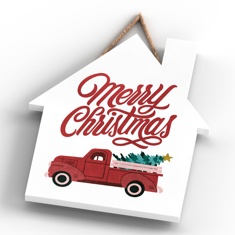 Xmas Merry Christmas Truck Wooden House Plaque, 18.5cm H x 16cm W x 0.9cm D