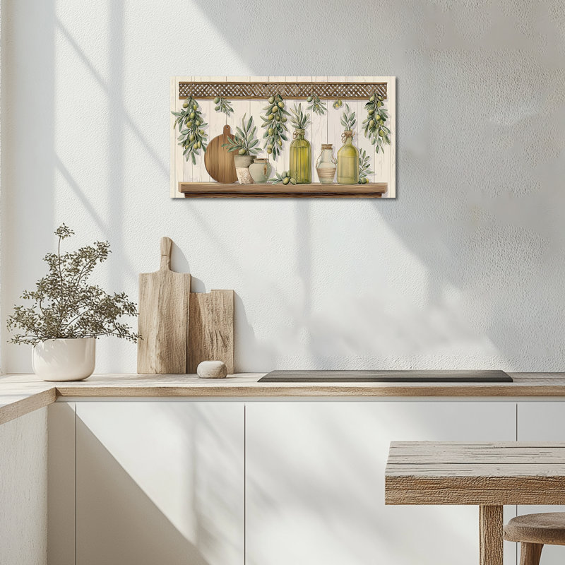 "Farmhouse Kitchen Wall Decor - Rustic Kitchen Art Art, décoration murale pour la salle à manger, olive, branches, cuisine rustique, impression sur toile, cadre en pin, 12 po x 24 po